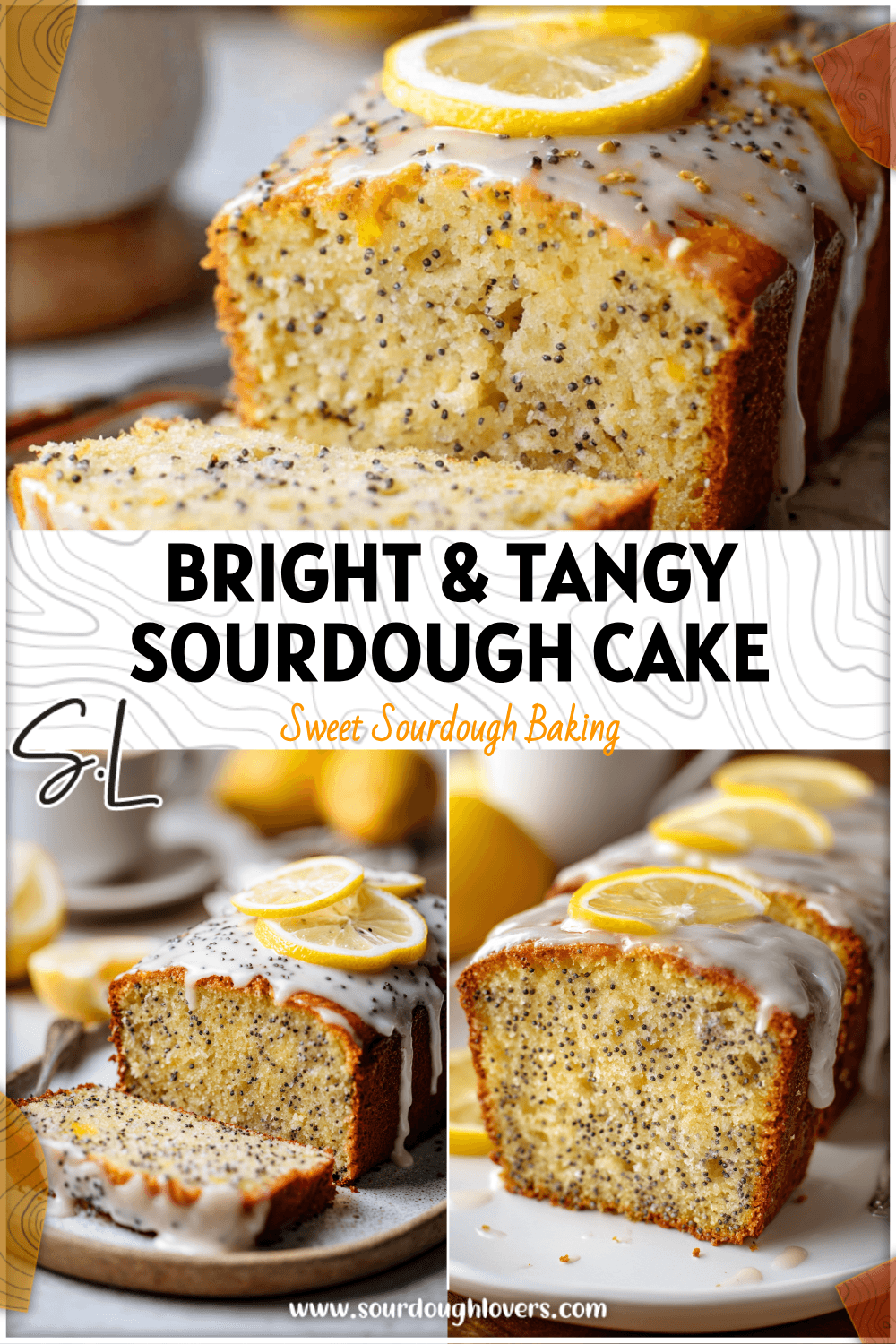 Moist sourdough lemon poppy seed cake topped with lemon glaze on a white plate, perfect for Sourdough Discard Cakes.